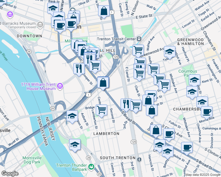 map of restaurants, bars, coffee shops, grocery stores, and more near 159 Conovers Alley in Trenton