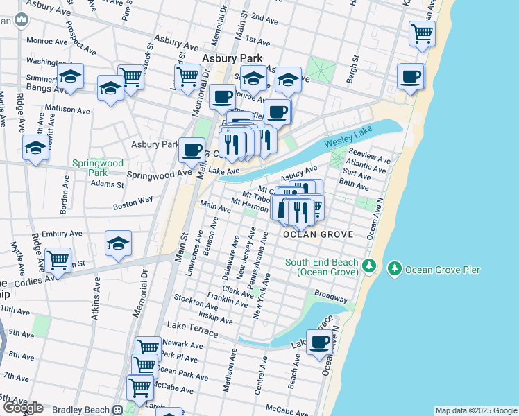 map of restaurants, bars, coffee shops, grocery stores, and more near 108 Mount Hermon Way in Neptune Township