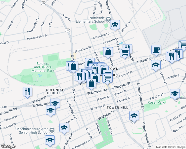 map of restaurants, bars, coffee shops, grocery stores, and more near 52 West Strawberry Alley in Mechanicsburg