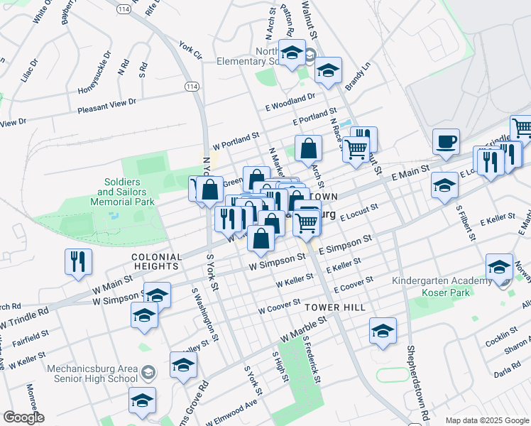 map of restaurants, bars, coffee shops, grocery stores, and more near 52 West Strawberry Alley in Mechanicsburg