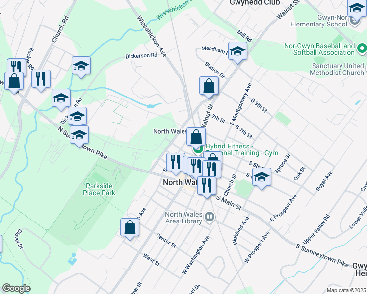 map of restaurants, bars, coffee shops, grocery stores, and more near 405 School Street in North Wales
