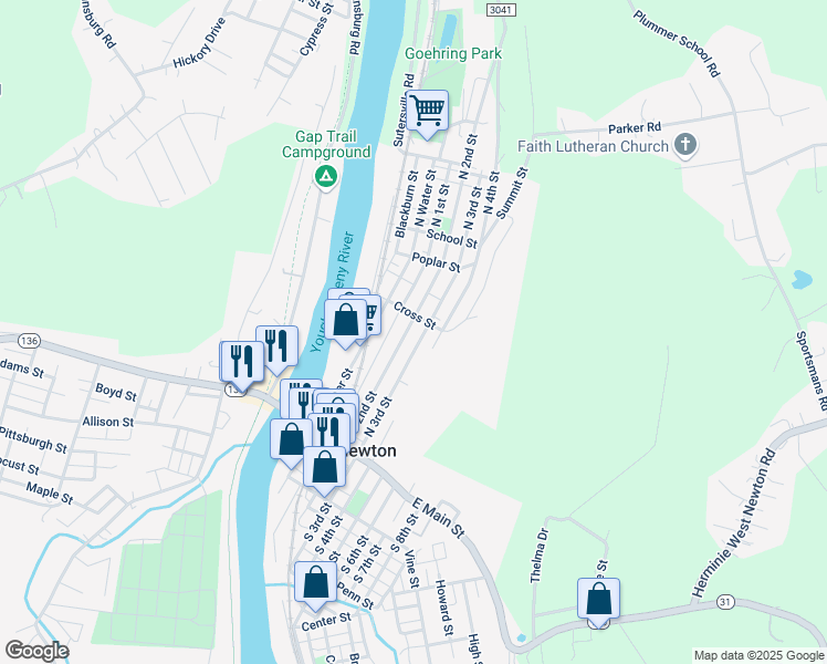 map of restaurants, bars, coffee shops, grocery stores, and more near 172 North 2nd Street in West Newton