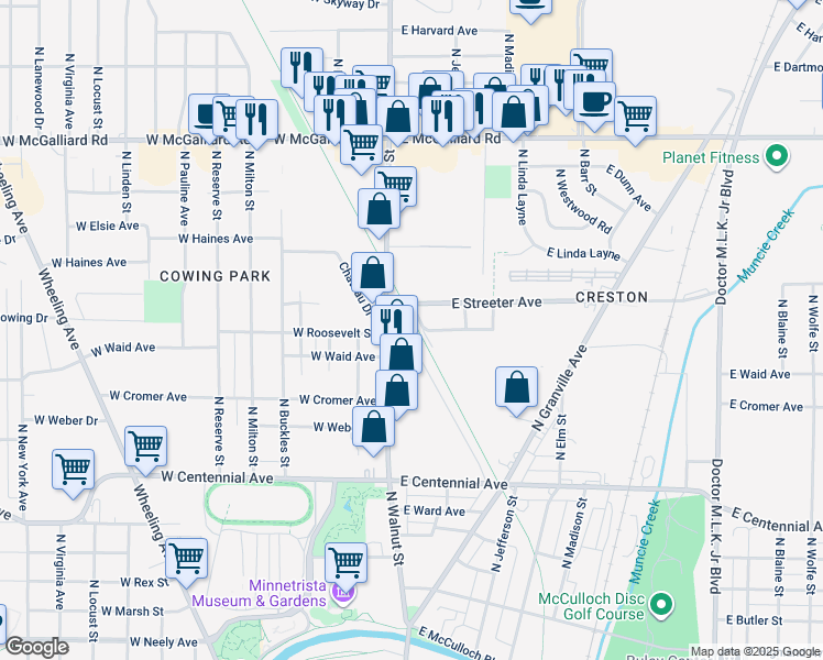 map of restaurants, bars, coffee shops, grocery stores, and more near 121 East Streeter Avenue in Muncie