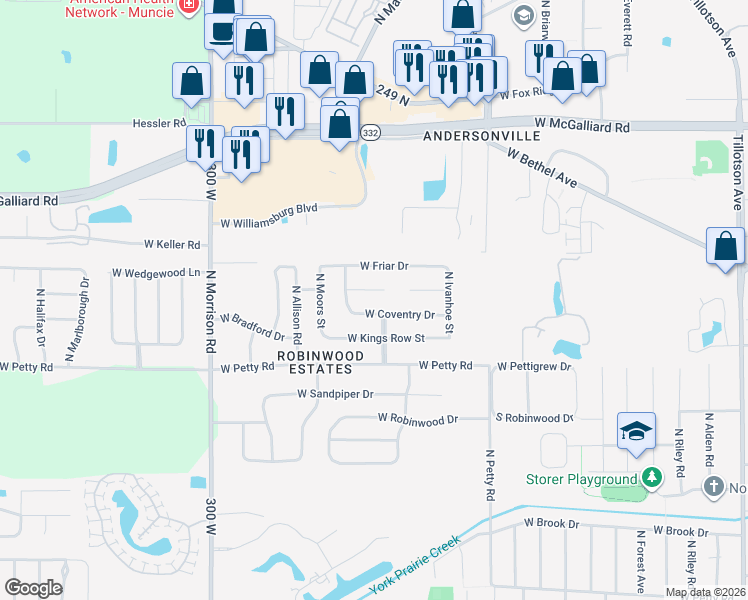 map of restaurants, bars, coffee shops, grocery stores, and more near 4301 W Castleton Ct in Muncie