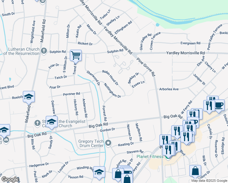 map of restaurants, bars, coffee shops, grocery stores, and more near 542 Nottingham Drive in Yardley