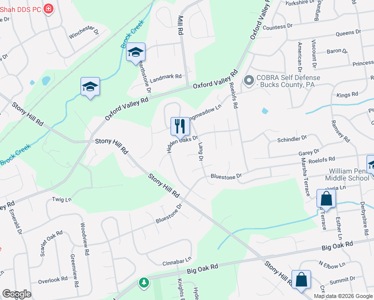 map of restaurants, bars, coffee shops, grocery stores, and more near 430 Hidden Oaks Drive in Yardley