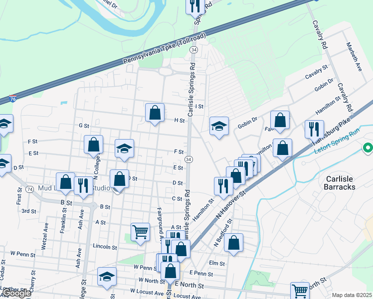 map of restaurants, bars, coffee shops, grocery stores, and more near 278 Carlisle Springs Road in Carlisle