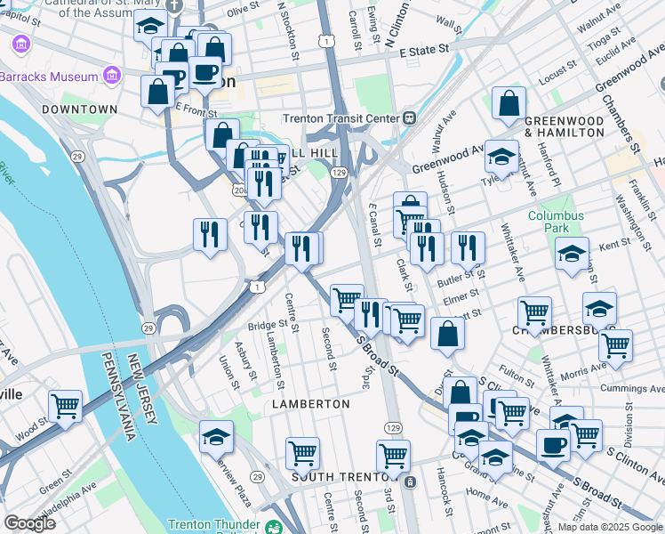 map of restaurants, bars, coffee shops, grocery stores, and more near 80 Hamilton Avenue in Trenton