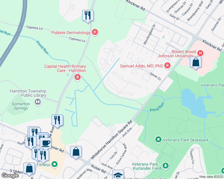 map of restaurants, bars, coffee shops, grocery stores, and more near 20 Chambord Court in Hamilton Township