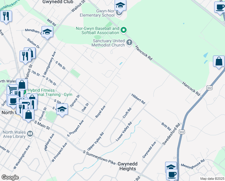 map of restaurants, bars, coffee shops, grocery stores, and more near 328 Royal Avenue in North Wales