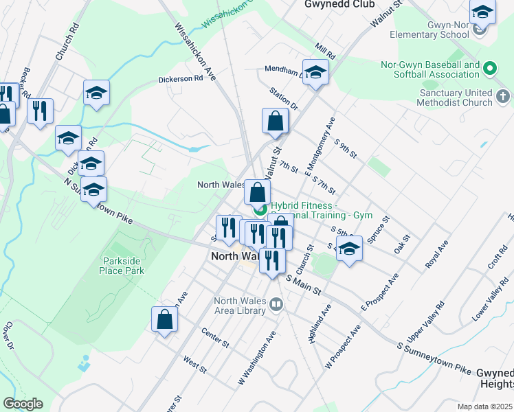 map of restaurants, bars, coffee shops, grocery stores, and more near 450 East Walnut Street in North Wales