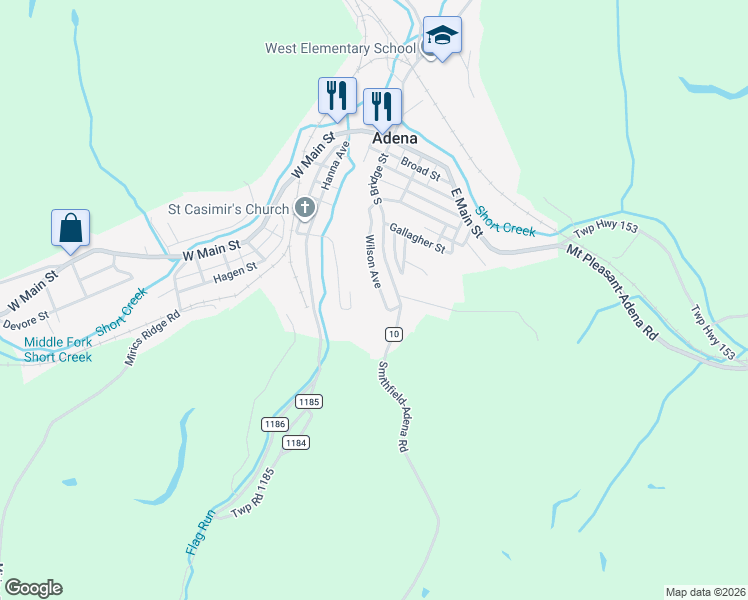 map of restaurants, bars, coffee shops, grocery stores, and more near 149 Wilson Avenue in Adena
