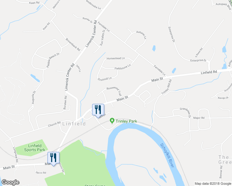 map of restaurants, bars, coffee shops, grocery stores, and more near 2405 Rosewood Trail in Royersford