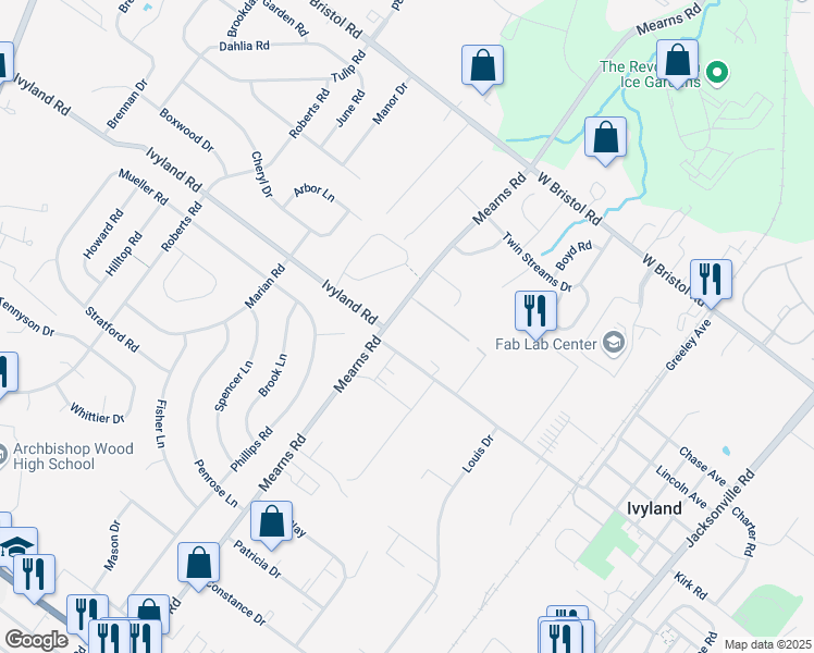 map of restaurants, bars, coffee shops, grocery stores, and more near 1095 Mearns Road in Warminster