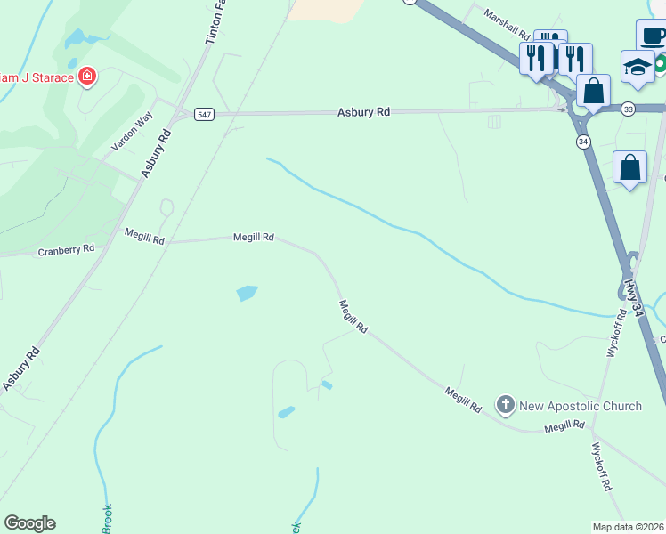map of restaurants, bars, coffee shops, grocery stores, and more near 124 Megill Rd in Farmingdale