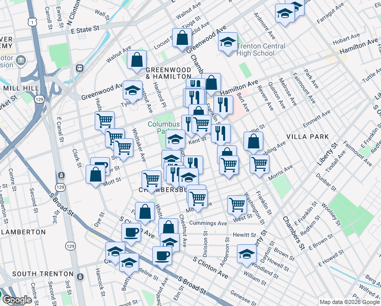 map of restaurants, bars, coffee shops, grocery stores, and more near 122 1/2 Division Street in Trenton