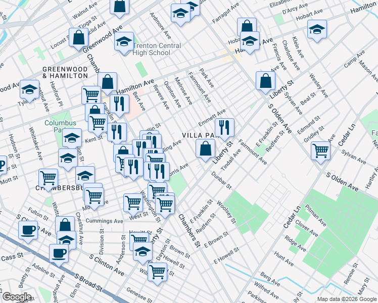 map of restaurants, bars, coffee shops, grocery stores, and more near 1031 Revere Avenue in Trenton