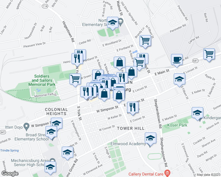 map of restaurants, bars, coffee shops, grocery stores, and more near 16 West Main Street in Mechanicsburg
