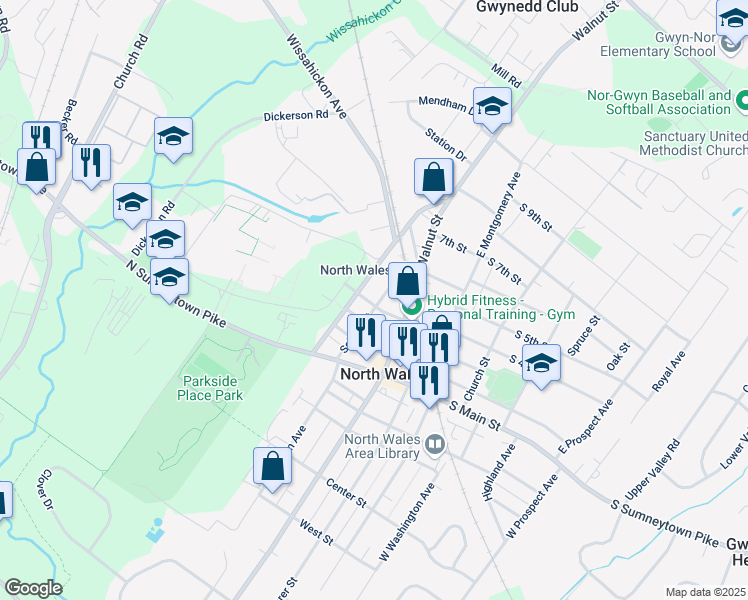 map of restaurants, bars, coffee shops, grocery stores, and more near 402 School Street in North Wales