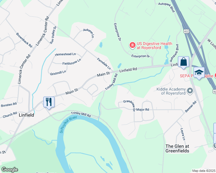 map of restaurants, bars, coffee shops, grocery stores, and more near 31 Trinley Mill Road in Royersford
