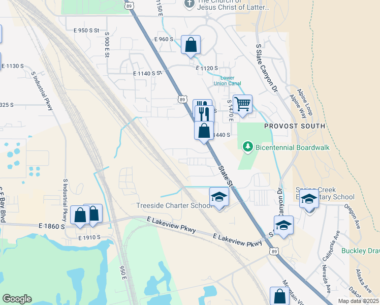 map of restaurants, bars, coffee shops, grocery stores, and more near 1460 South State Street in Provo
