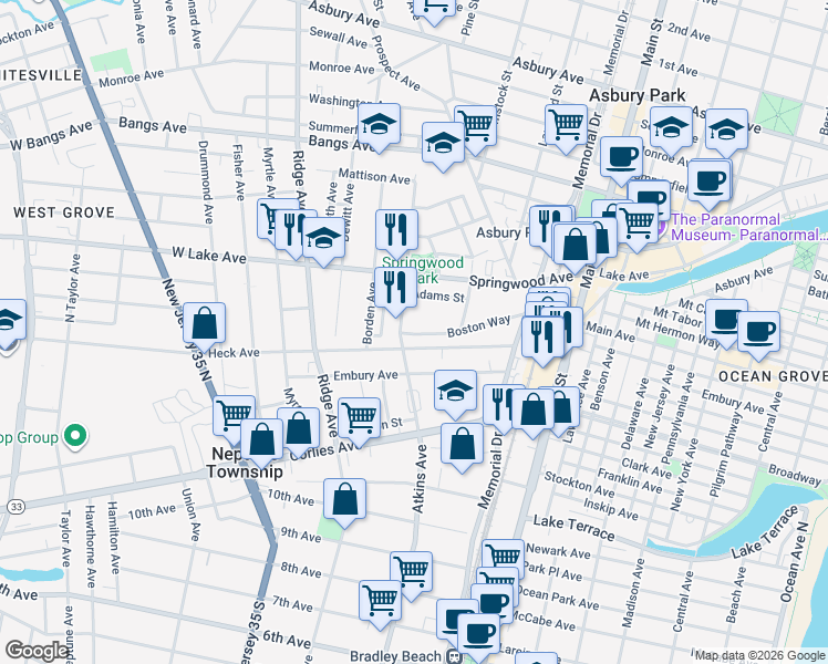 map of restaurants, bars, coffee shops, grocery stores, and more near 307 Boston Way in Neptune City