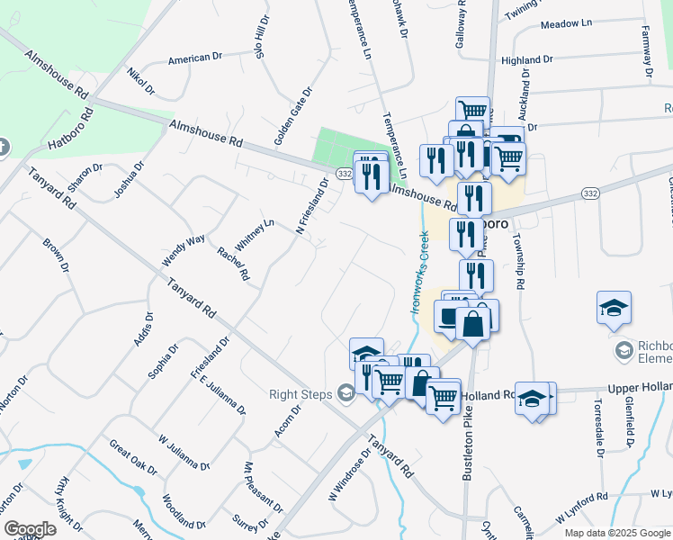 map of restaurants, bars, coffee shops, grocery stores, and more near 153 Whitney Lane in Richboro
