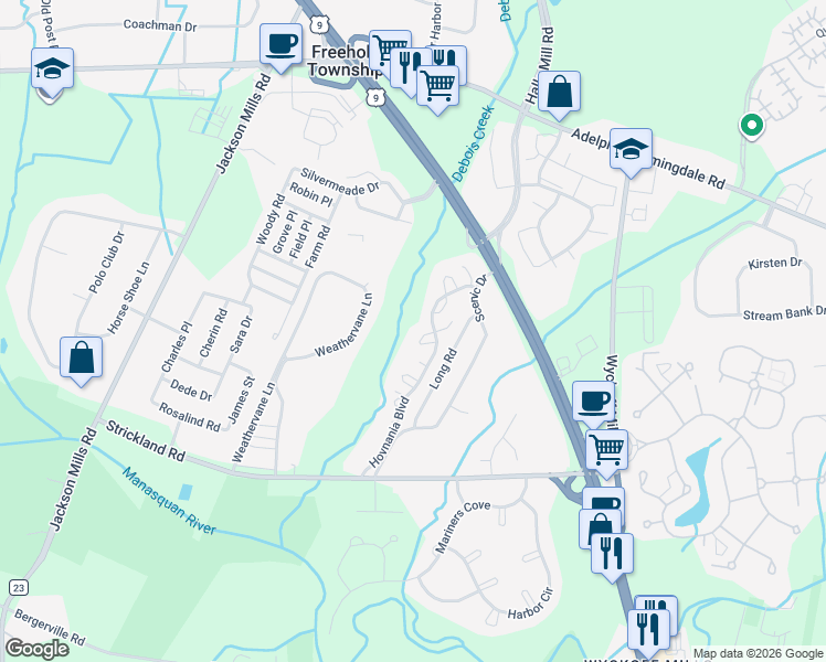 map of restaurants, bars, coffee shops, grocery stores, and more near 12-1 Phoenix Court in Freehold