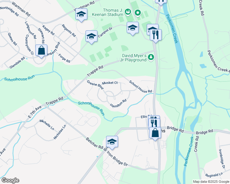 map of restaurants, bars, coffee shops, grocery stores, and more near 713 Bayonet Court in Collegeville