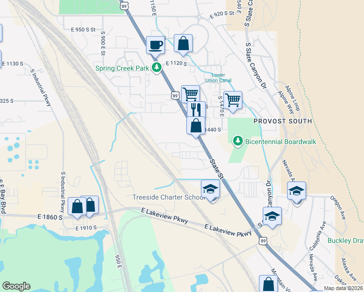 map of restaurants, bars, coffee shops, grocery stores, and more near 1460 South State Street in Provo