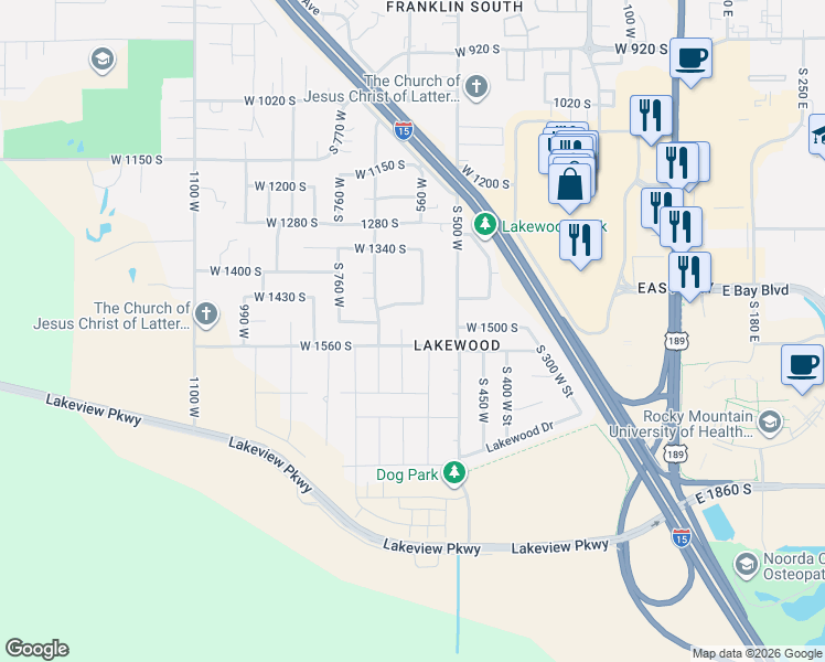 map of restaurants, bars, coffee shops, grocery stores, and more near 1519 South 620 West in Provo