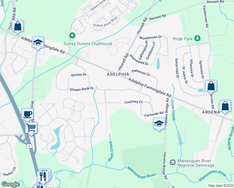 map of restaurants, bars, coffee shops, grocery stores, and more near 65 Stream Bank Drive in Freehold