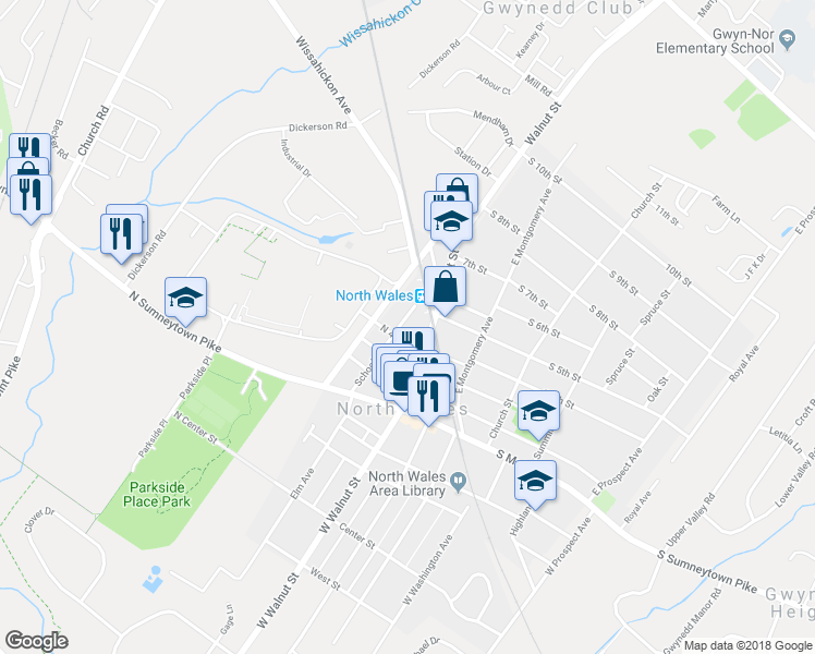 map of restaurants, bars, coffee shops, grocery stores, and more near 450 East Walnut Street in North Wales