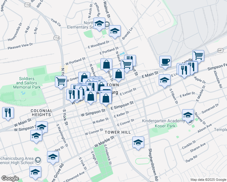 map of restaurants, bars, coffee shops, grocery stores, and more near 38 East Main Street in Mechanicsburg