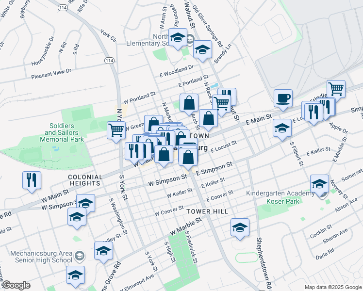 map of restaurants, bars, coffee shops, grocery stores, and more near in Mechanicsburg