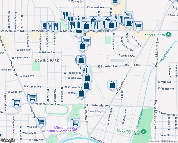 map of restaurants, bars, coffee shops, grocery stores, and more near 121 East Streeter Avenue in Muncie