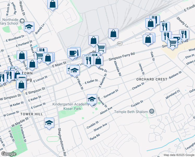 map of restaurants, bars, coffee shops, grocery stores, and more near 607 E Keller St in Mechanicsburg