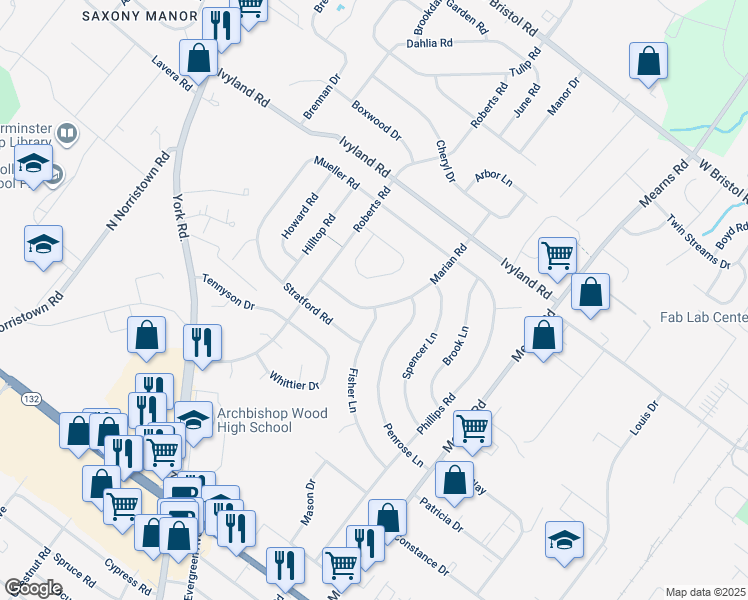 map of restaurants, bars, coffee shops, grocery stores, and more near 977 Marian Road in Warminster