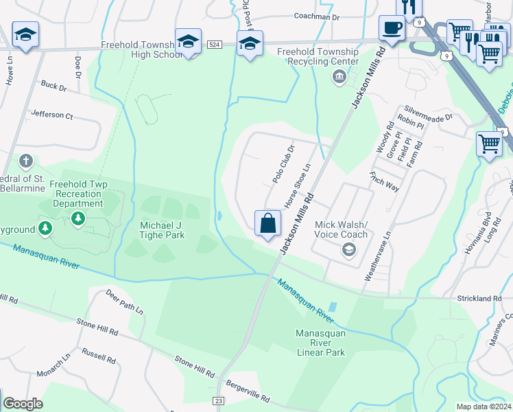 map of restaurants, bars, coffee shops, grocery stores, and more near 41 Polo Club Drive in Freehold