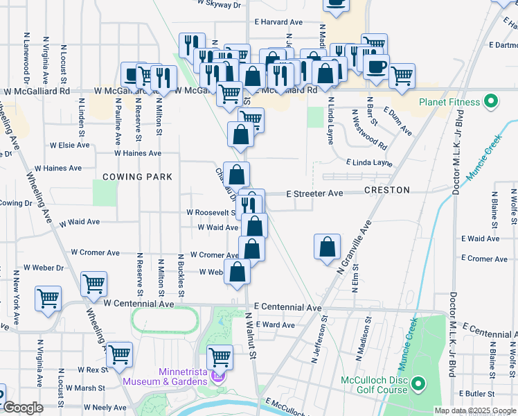 map of restaurants, bars, coffee shops, grocery stores, and more near 121 East Streeter Avenue in Muncie