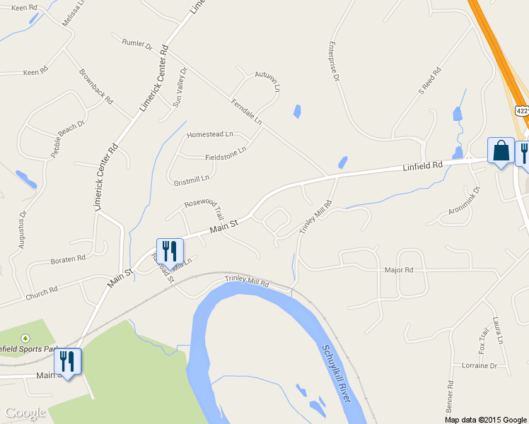 map of restaurants, bars, coffee shops, grocery stores, and more near 1301 Red Rock Circle in Royersford