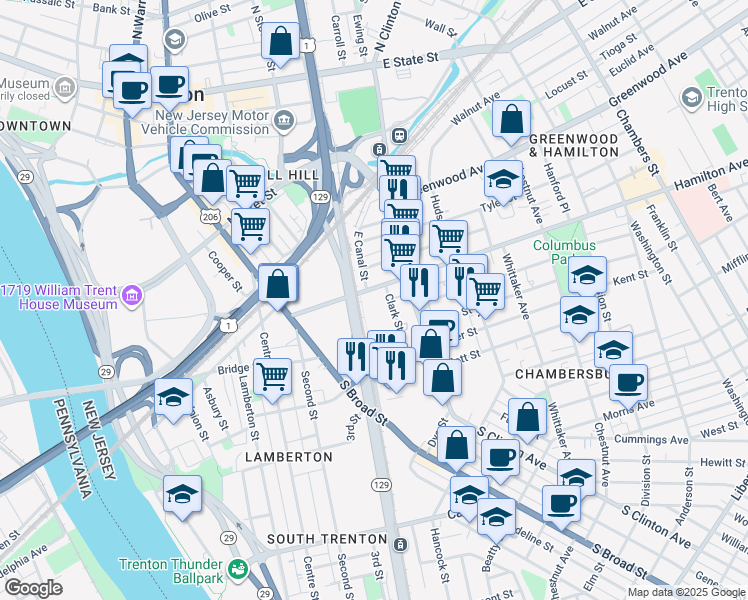 map of restaurants, bars, coffee shops, grocery stores, and more near 21 Clark Street in Trenton