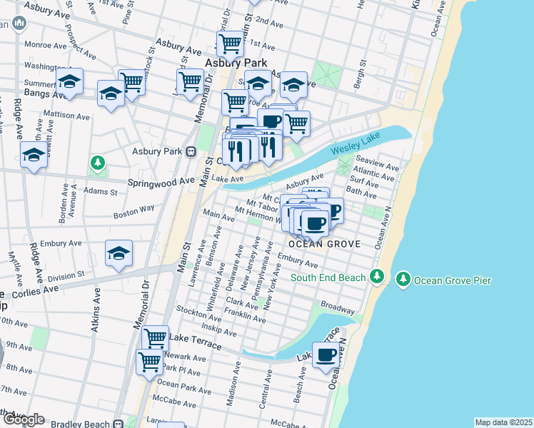 map of restaurants, bars, coffee shops, grocery stores, and more near 38 New Jersey Avenue in Monmouth County