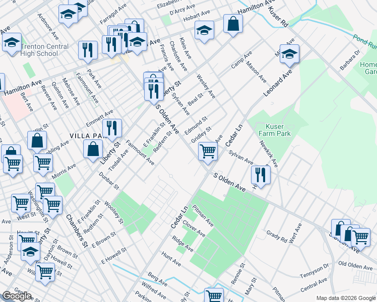 map of restaurants, bars, coffee shops, grocery stores, and more near 967 South Olden Avenue in Trenton