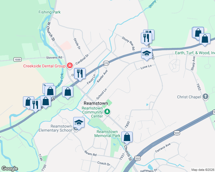 map of restaurants, bars, coffee shops, grocery stores, and more near 58 North Reamstown Road in Stevens