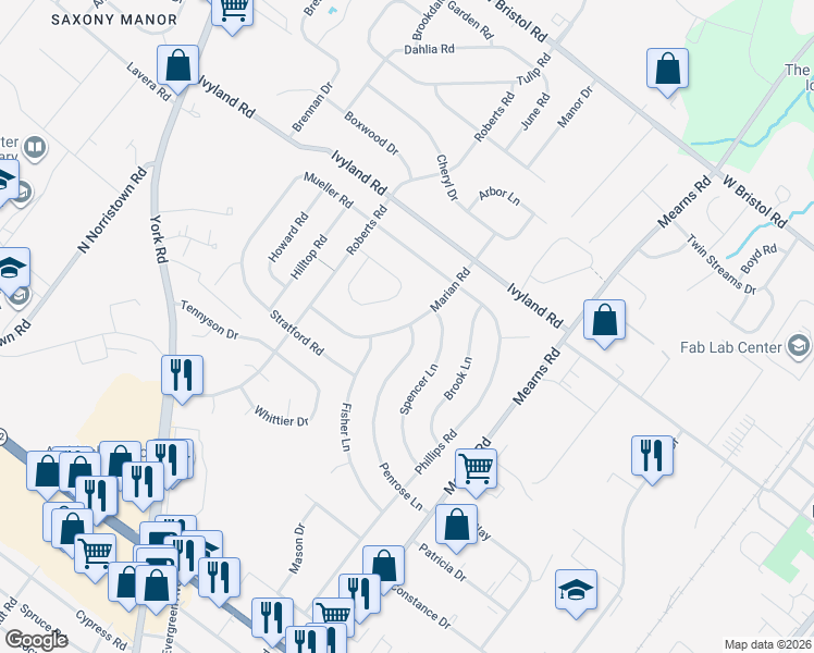 map of restaurants, bars, coffee shops, grocery stores, and more near 997 Marian Road in Warminster