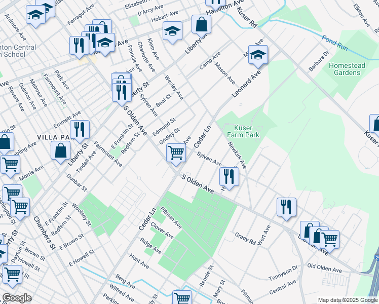 map of restaurants, bars, coffee shops, grocery stores, and more near 1375 Cedar Lane in Hamilton Township