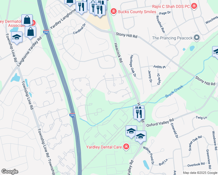 map of restaurants, bars, coffee shops, grocery stores, and more near 506 Aspen Woods Drive in Yardley