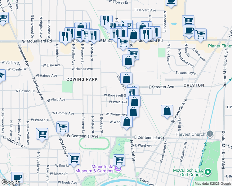 map of restaurants, bars, coffee shops, grocery stores, and more near 212 West Roosevelt Street in Muncie