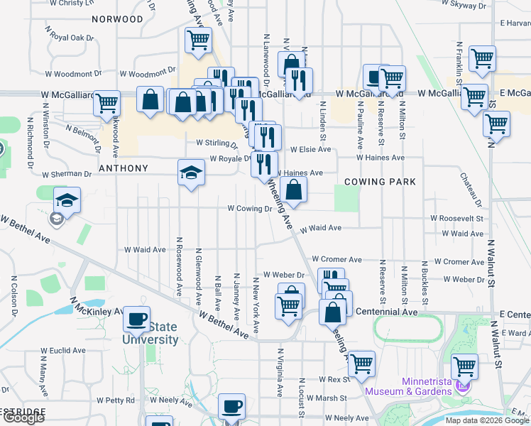 map of restaurants, bars, coffee shops, grocery stores, and more near 1205 West Cowing Drive in Muncie